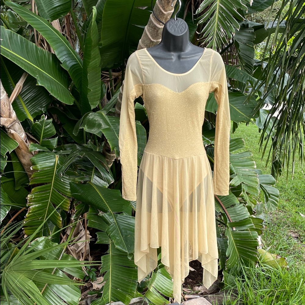 Gold sheer handkerchief, hem, dress with built-in bodysuit